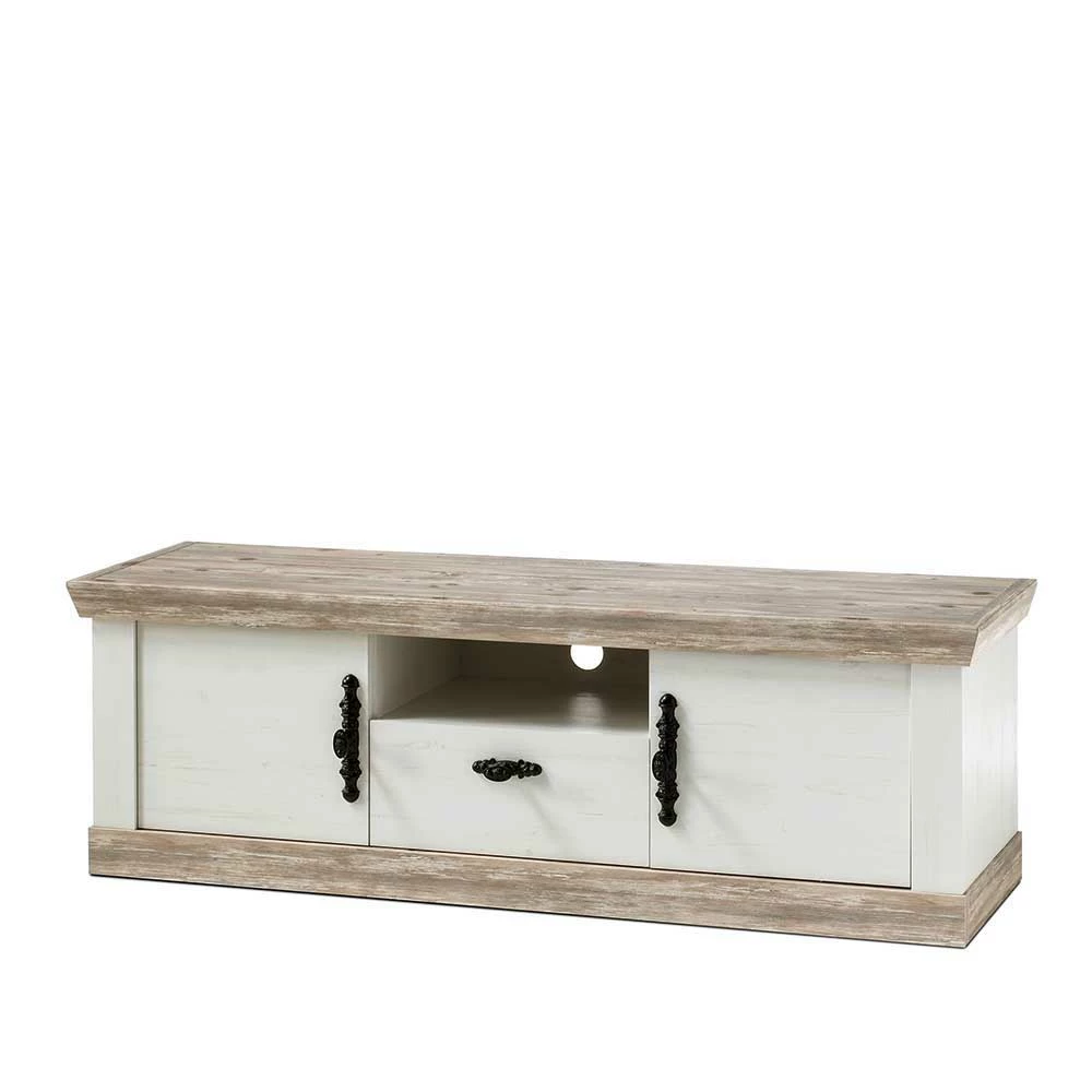 Landhaus TV Board In Weiß & Pinie Shabby Nedita 156 Cm Breit