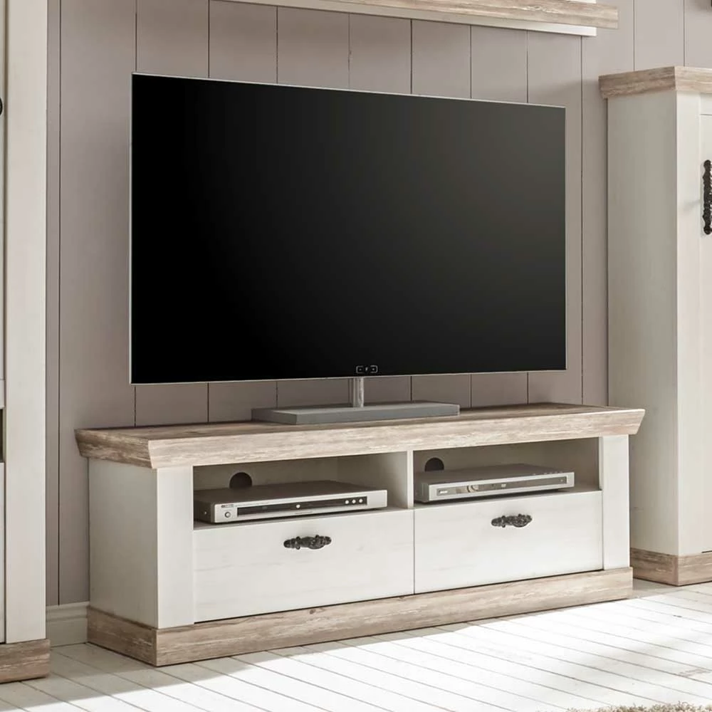 Landhaus TV Element In Weiß & Pinie Shabby Nedita Mit 2 Schubladen – Bild 2