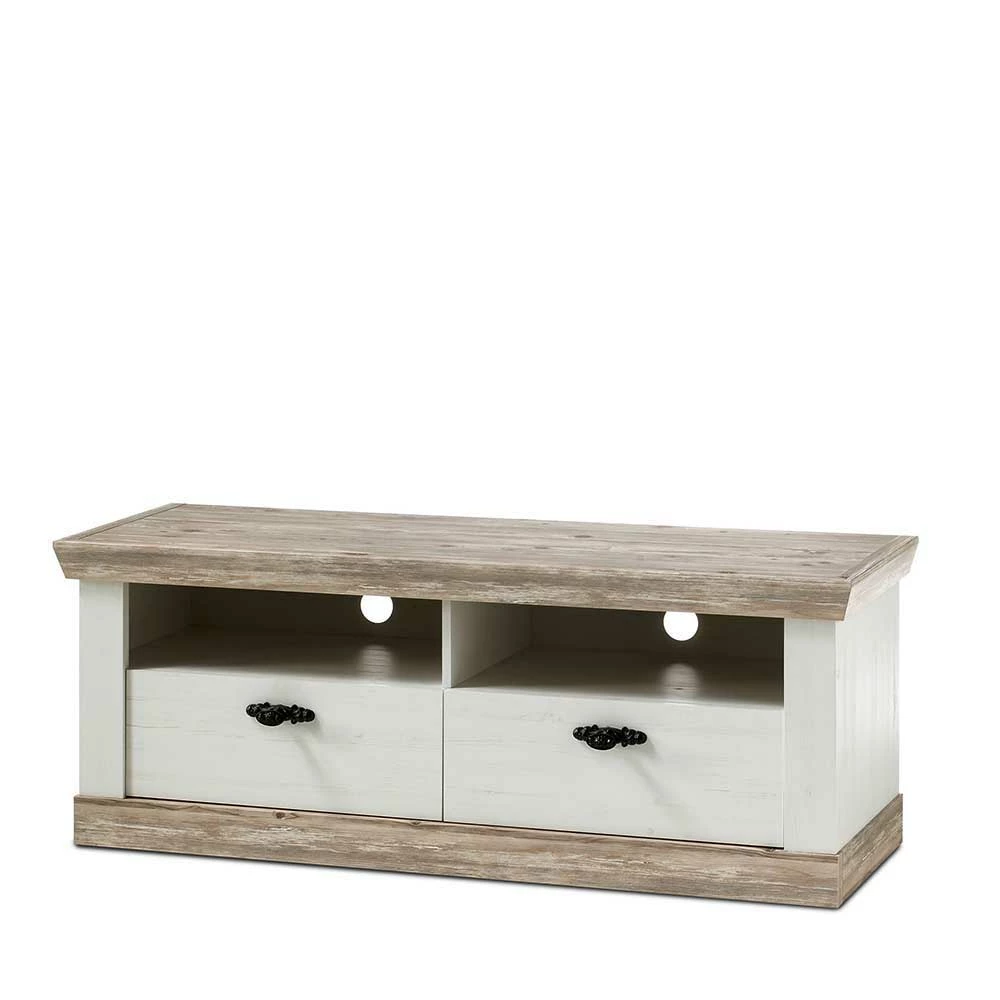 Landhaus TV Element In Weiß & Pinie Shabby Nedita Mit 2 Schubladen