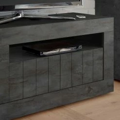 Modern-geradliniges TV Board In Dunkelgrau Dekor - Bella -Troncon Shop modern geradliniges tv board in dunkelgrau dekor mit drei tueren geraetefach bella 04