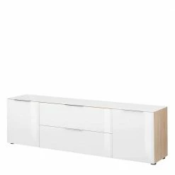 Modernes TV Board In Weiß Glas & Eiche Sonoma - Ildanov