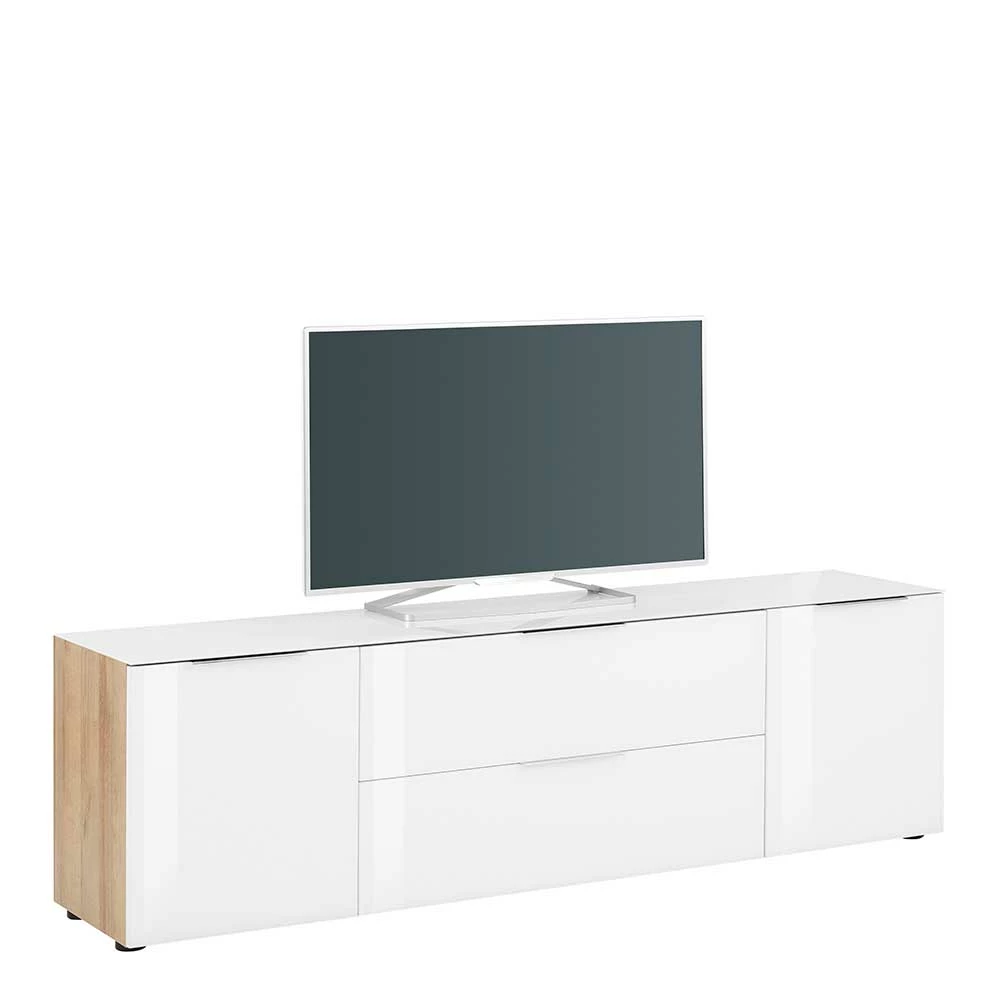 TV Lowboard In Weiß Glas & Eiche Dekor - Ayfuna – Bild 2