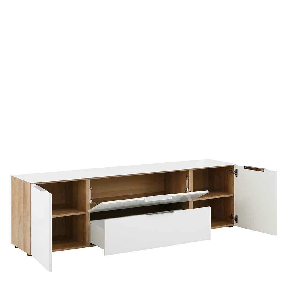 TV Lowboard In Weiß Glas & Eiche Dekor - Ayfuna – Bild 4