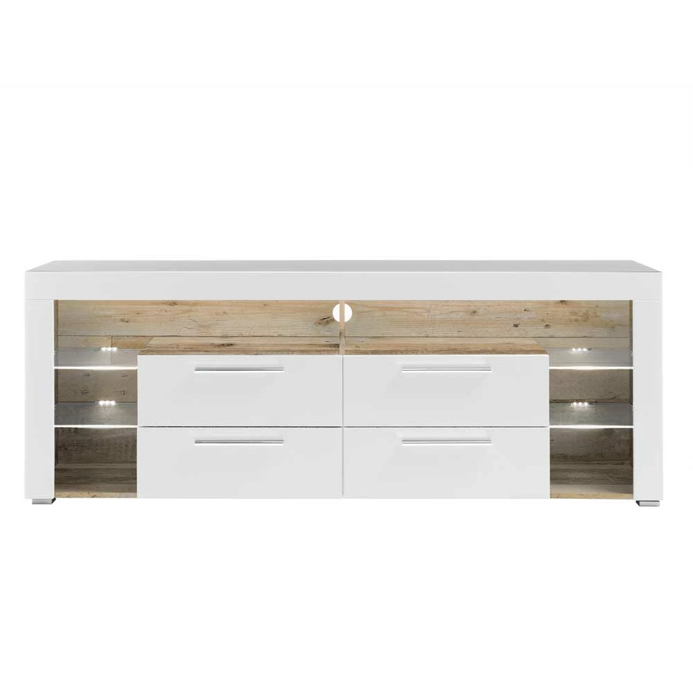 TV Lowboard In Weiß HG & Holz Antik Dekor - Masina – Bild 3