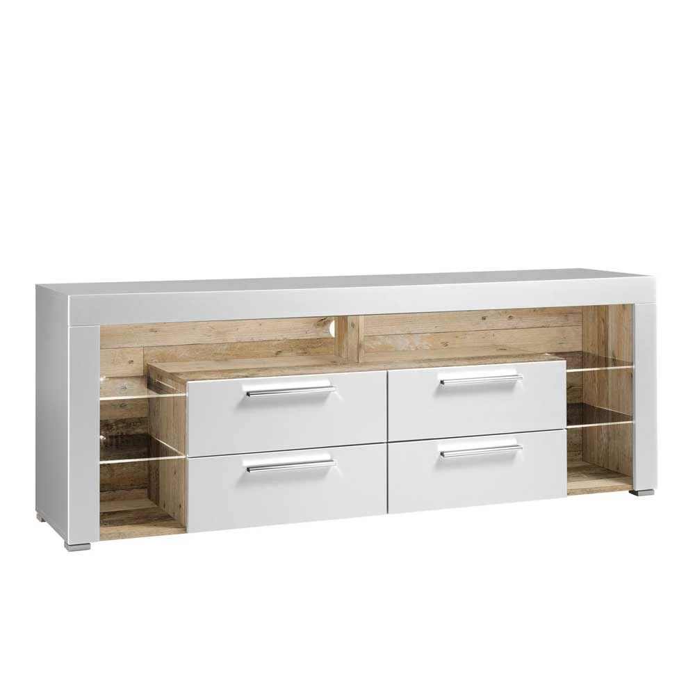 TV Lowboard In Weiß HG & Holz Antik Dekor - Masina